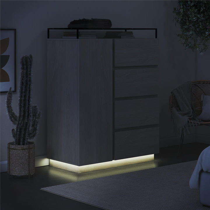 Devon 4-Drawer Dresser with Door, LED Lights and Glass Top - Eden Ash
