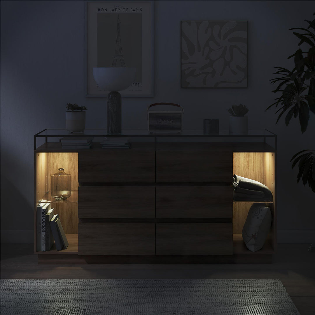 Devon 6-Drawer Dresser with LED Lights and Glass Top - Danish Walnut - 6 Drawer