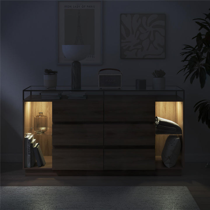 Devon 6-Drawer Dresser with LED Lights and Glass Top - Danish Walnut - 6 Drawer