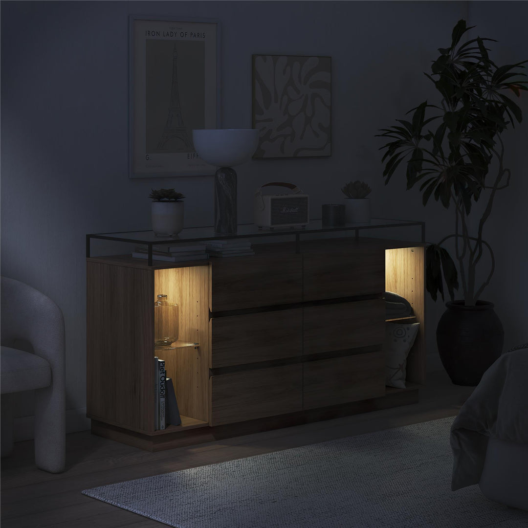 Devon 6-Drawer Dresser with LED Lights and Glass Top - Danish Walnut - 6 Drawer