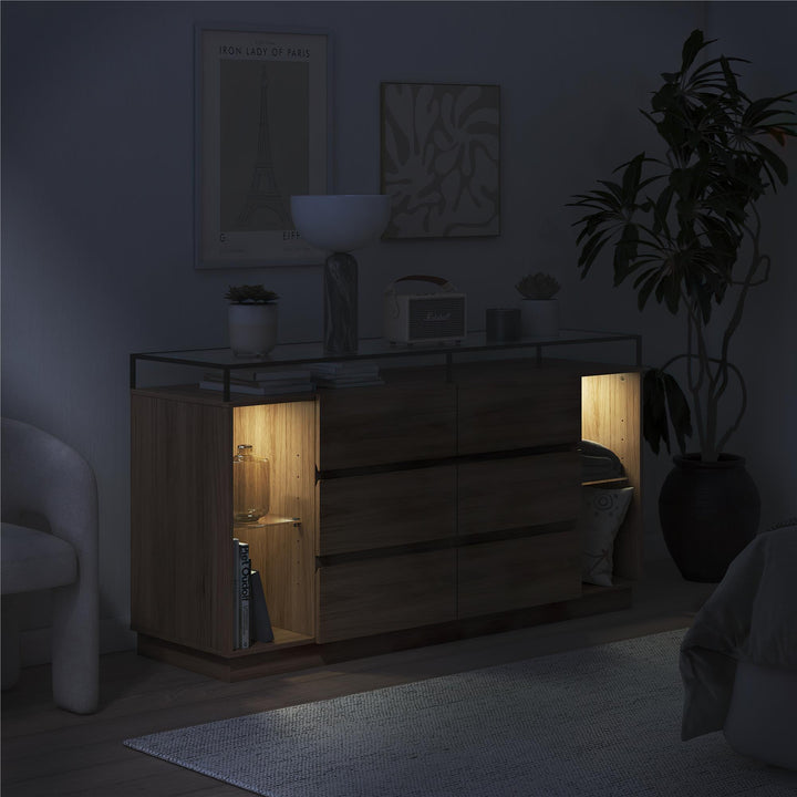 Devon 6-Drawer Dresser with LED Lights and Glass Top - Danish Walnut - 6 Drawer