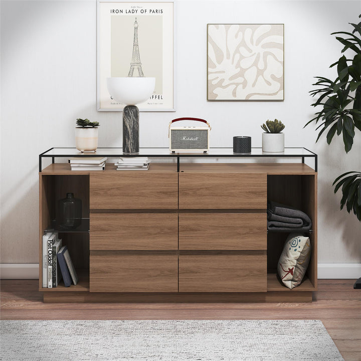 Devon 6-Drawer Dresser with LED Lights and Glass Top - Danish Walnut - 6 Drawer