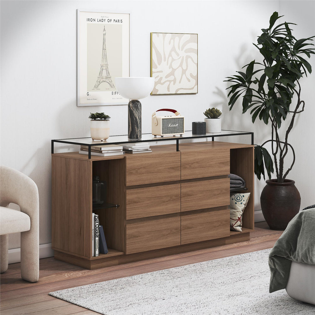 Devon 6-Drawer Dresser with LED Lights and Glass Top - Danish Walnut - 6 Drawer