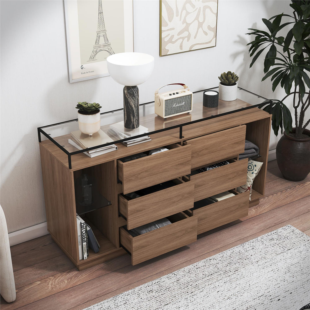 Devon 6-Drawer Dresser with LED Lights and Glass Top - Danish Walnut - 6 Drawer