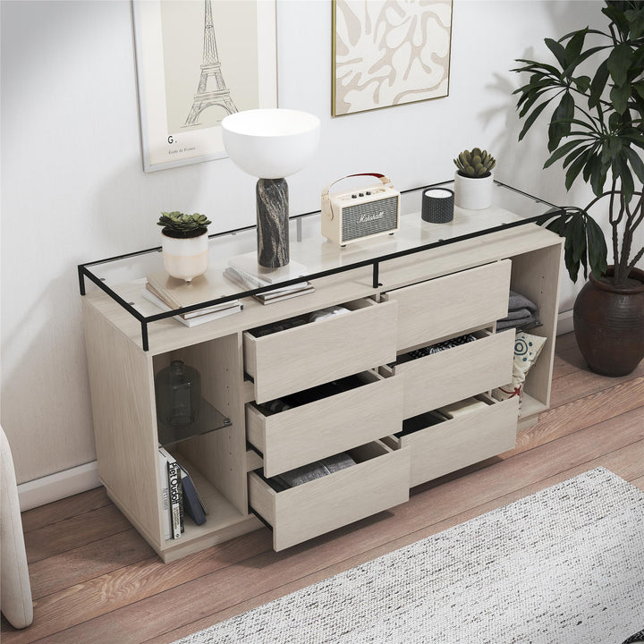 Devon 6-Drawer Dresser with LED Lights and Glass Top - Eden Ash - 6 Drawer