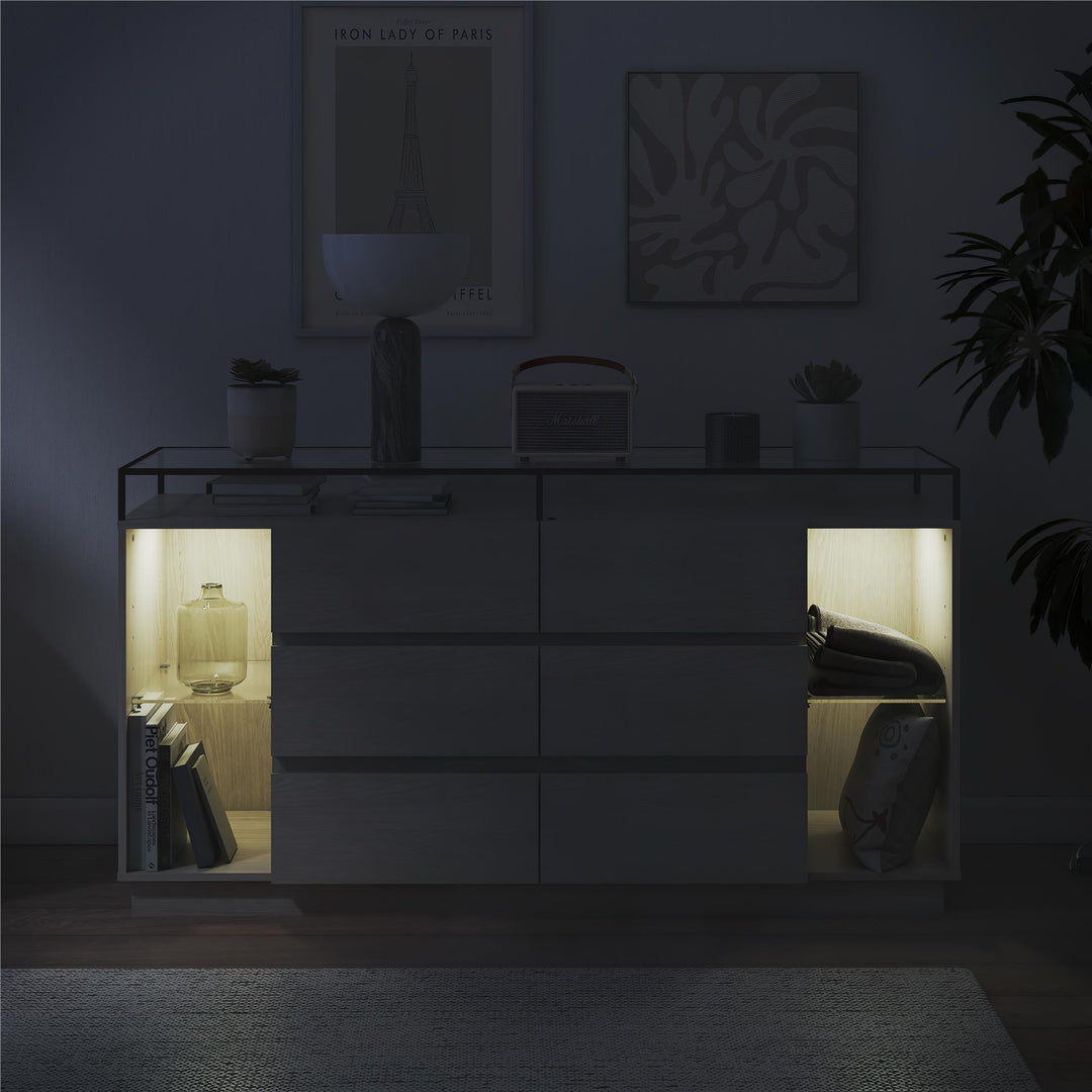 Devon 6-Drawer Dresser with LED Lights and Glass Top - Eden Ash - 6 Drawer