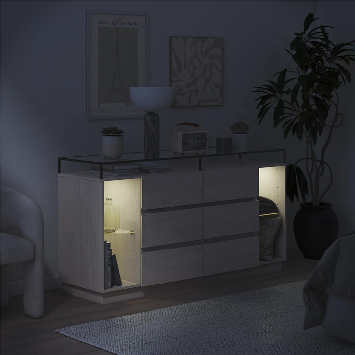 Devon 6-Drawer Dresser with LED Lights and Glass Top - Eden Ash - 6 Drawer