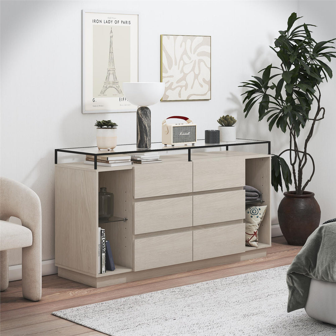 Devon 6-Drawer Dresser with LED Lights and Glass Top - Eden Ash - 6 Drawer