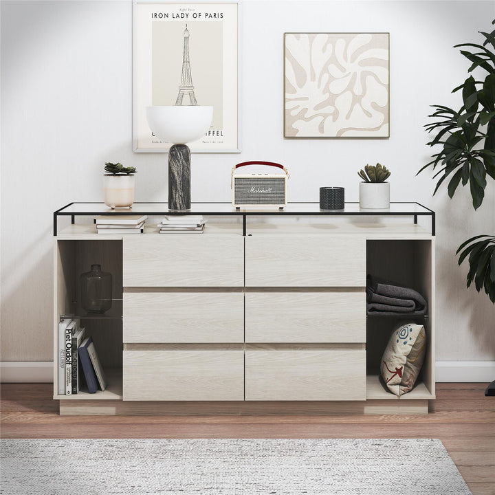 Devon 6-Drawer Dresser with LED Lights and Glass Top - Eden Ash - 6 Drawer