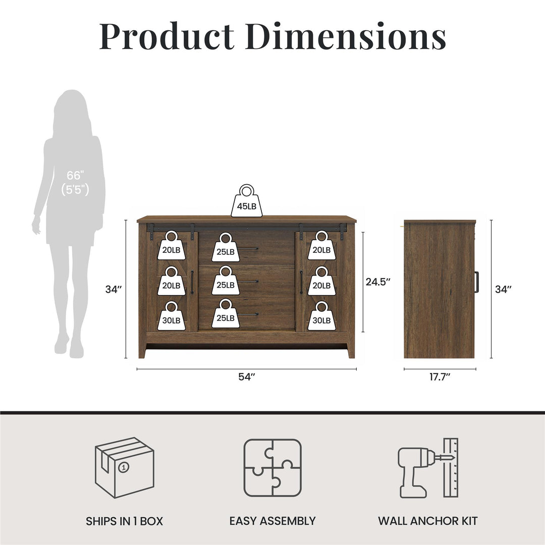 Alton 3 Drawer Dresser with 2 Sliding Barn Doors and 6 Shelves - Rustic Walnut - 3 Drawer