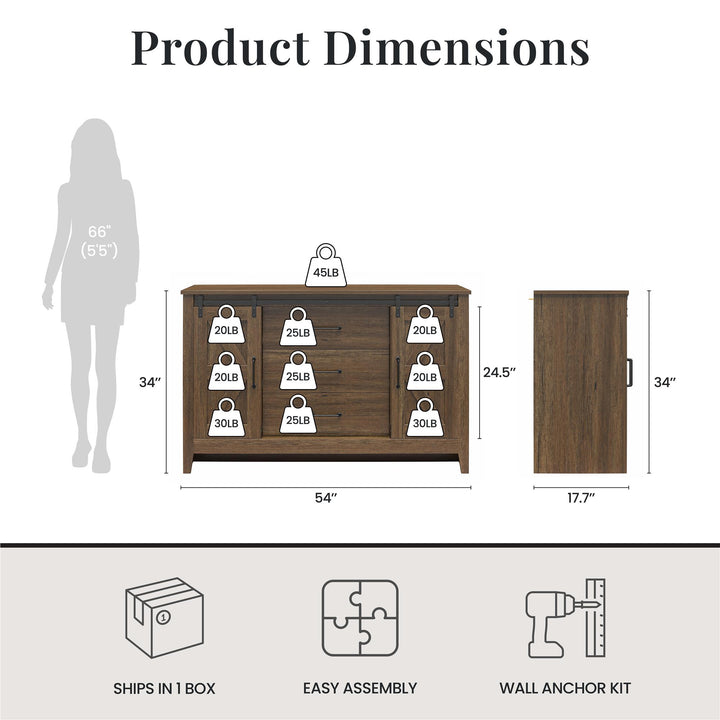 Alton 3 Drawer Dresser with 2 Sliding Barn Doors and 6 Shelves - Rustic Walnut - 3 Drawer