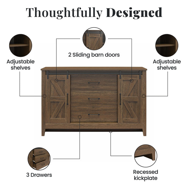 Alton 3 Drawer Dresser with 2 Sliding Barn Doors and 6 Shelves - Rustic Walnut - 3 Drawer