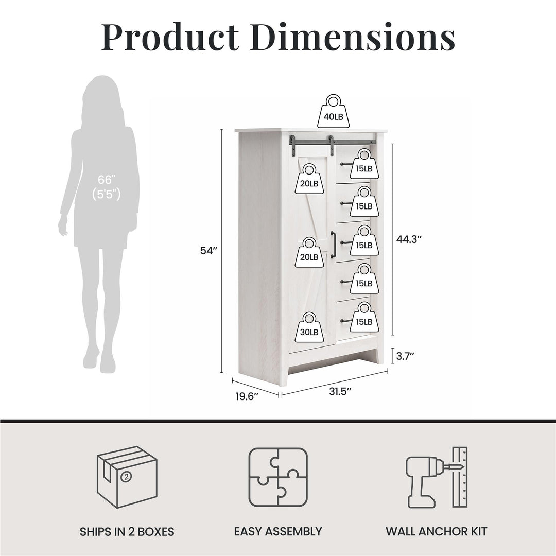 Alton Tall 5 Drawer Dresser with Sliding Barn Door and 3 Shelves - Magnolia Oak - 5 Drawer
