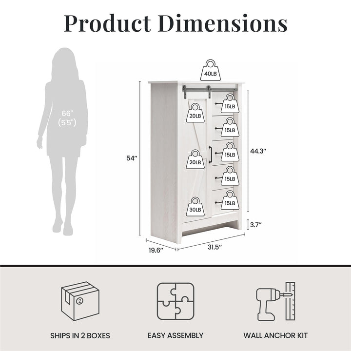 Alton Tall 5 Drawer Dresser with Sliding Barn Door and 3 Shelves - Magnolia Oak - 5 Drawer