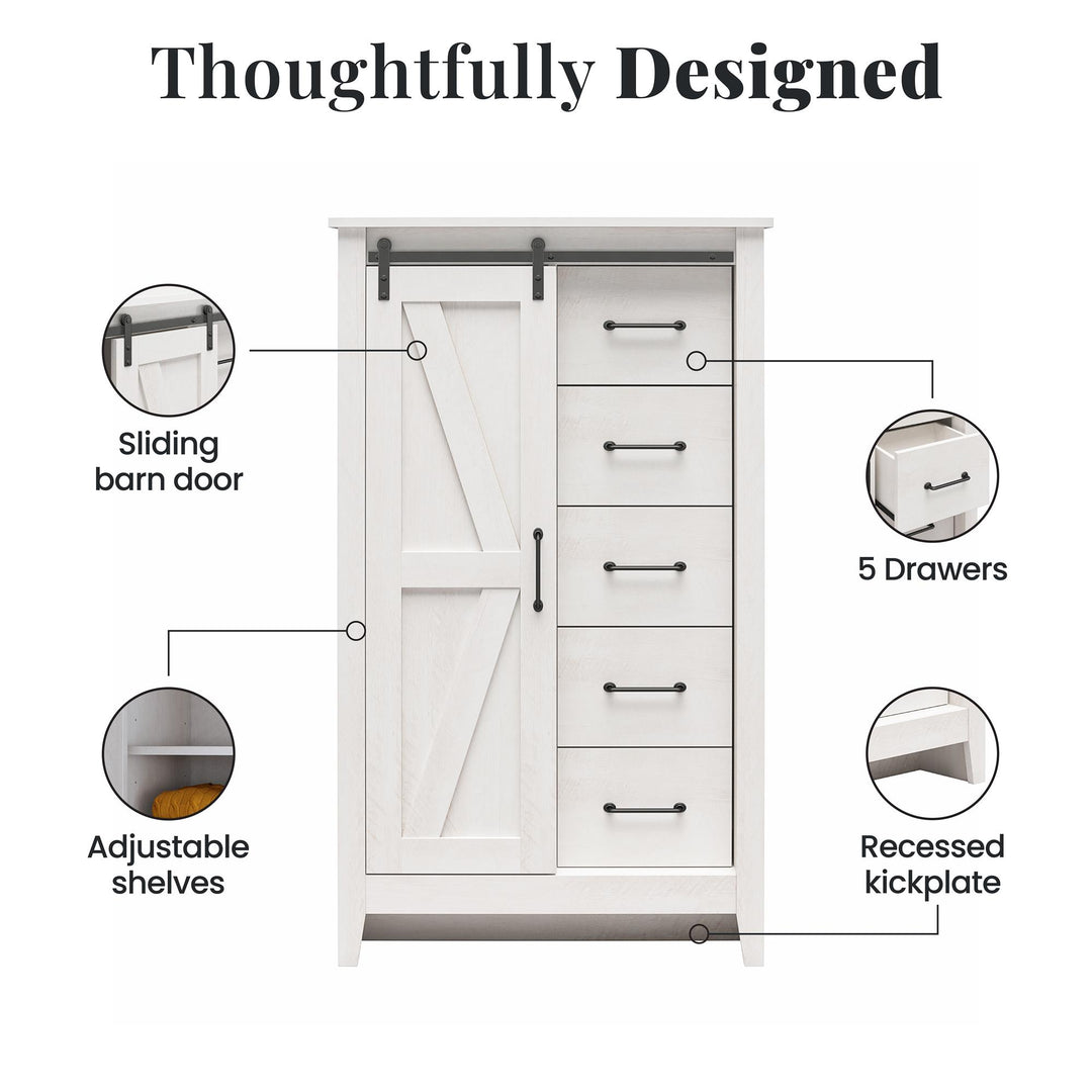 Alton Tall 5 Drawer Dresser with Sliding Barn Door and 3 Shelves - Magnolia Oak - 5 Drawer