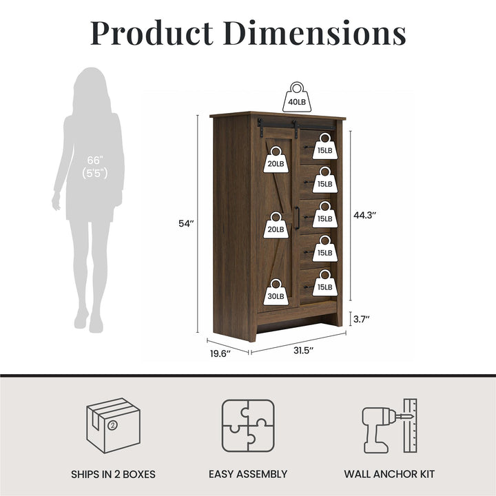Alton Tall 5 Drawer Dresser with Sliding Barn Door and 3 Shelves - Rustic Walnut - 5 Drawer