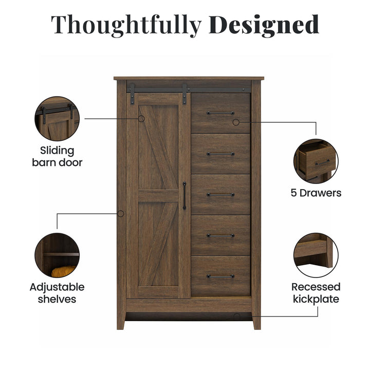 Alton Tall 5 Drawer Dresser with Sliding Barn Door and 3 Shelves - Rustic Walnut - 5 Drawer