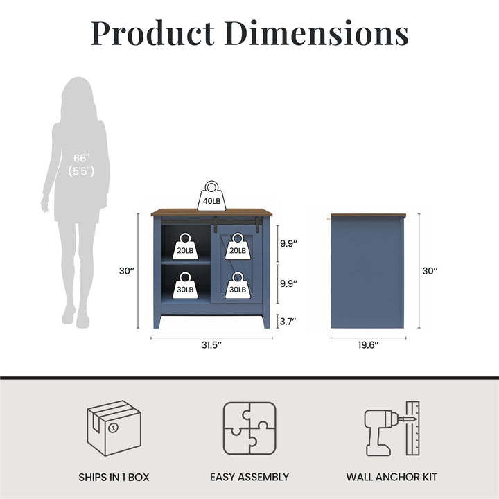 Alton Nightstand with Sliding Barn Door and 4 Shelves - Stone Blue/Rustic Walnut