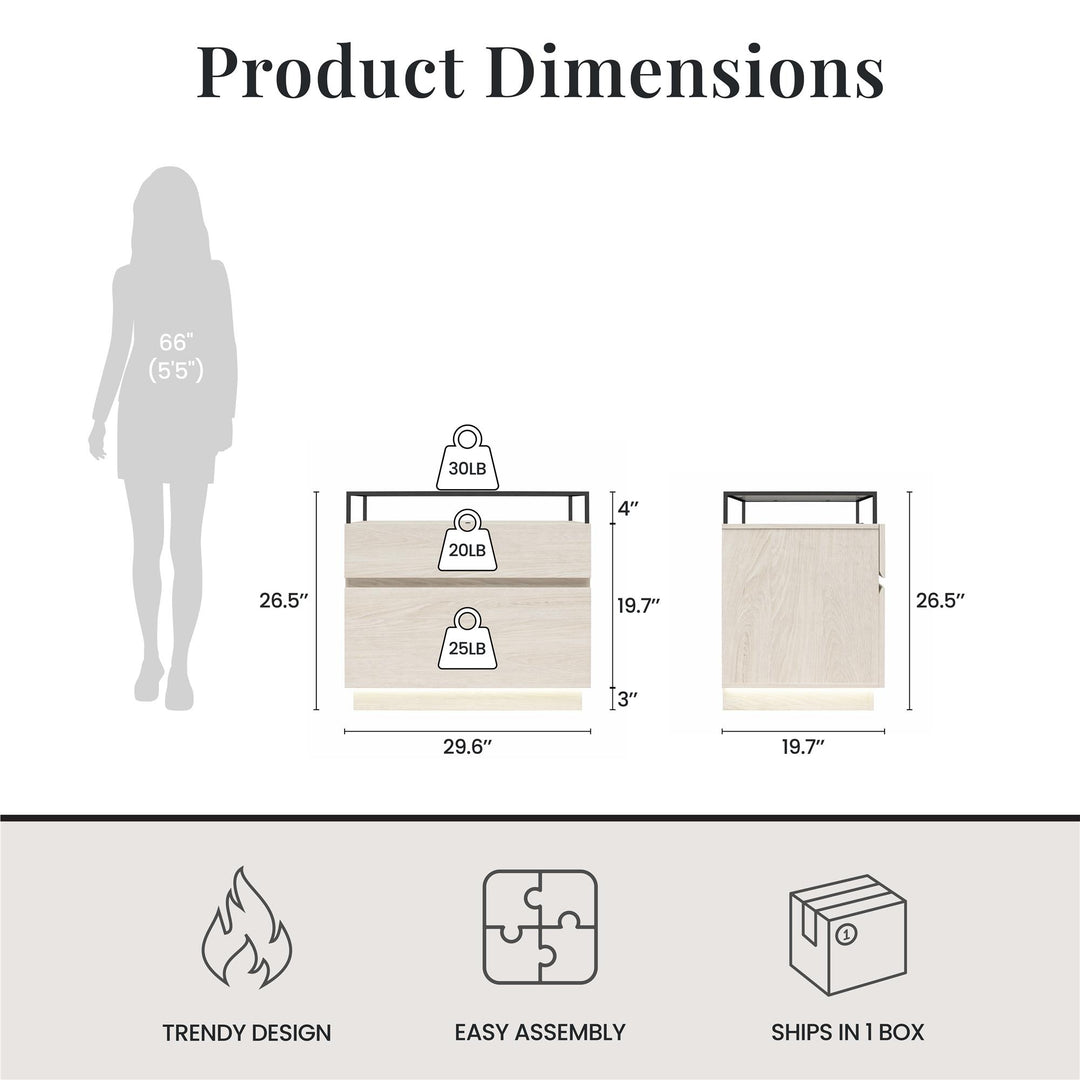 Devon Nightstand with Drawers, LED Lights and Glass Top - Eden Ash