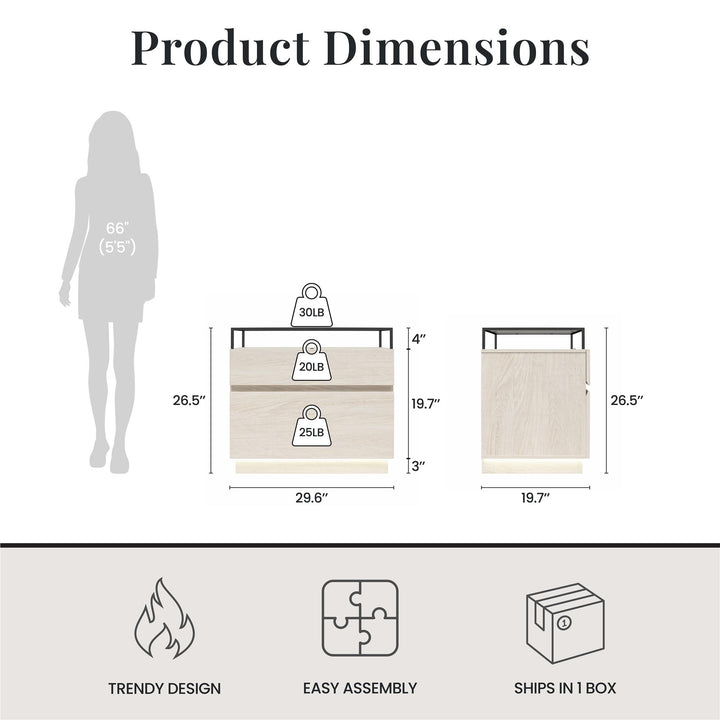 Devon Nightstand with Drawers, LED Lights and Glass Top - Eden Ash