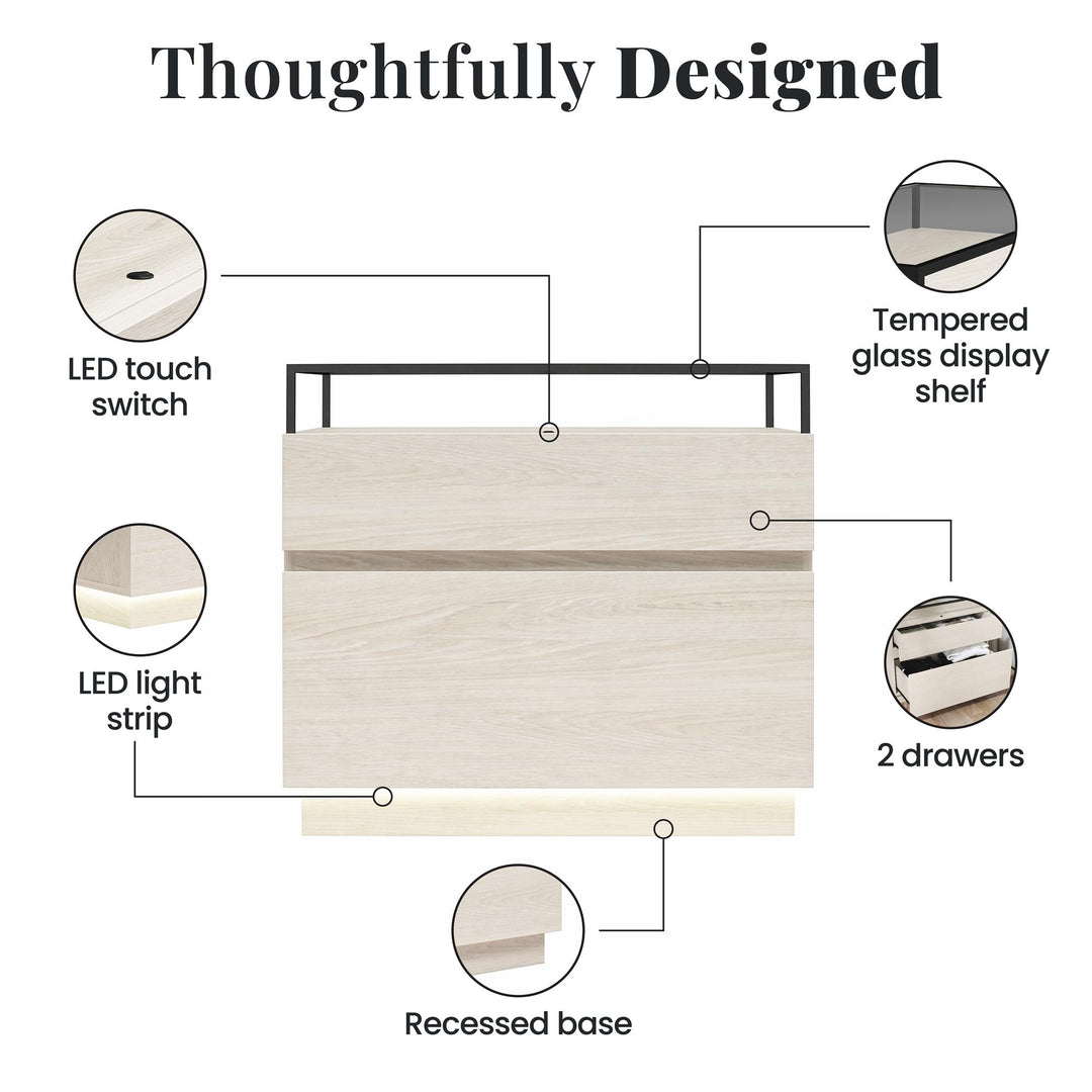 Devon Nightstand with Drawers, LED Lights and Glass Top - Eden Ash