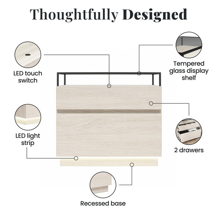 Devon Nightstand with Drawers, LED Lights and Glass Top - Eden Ash