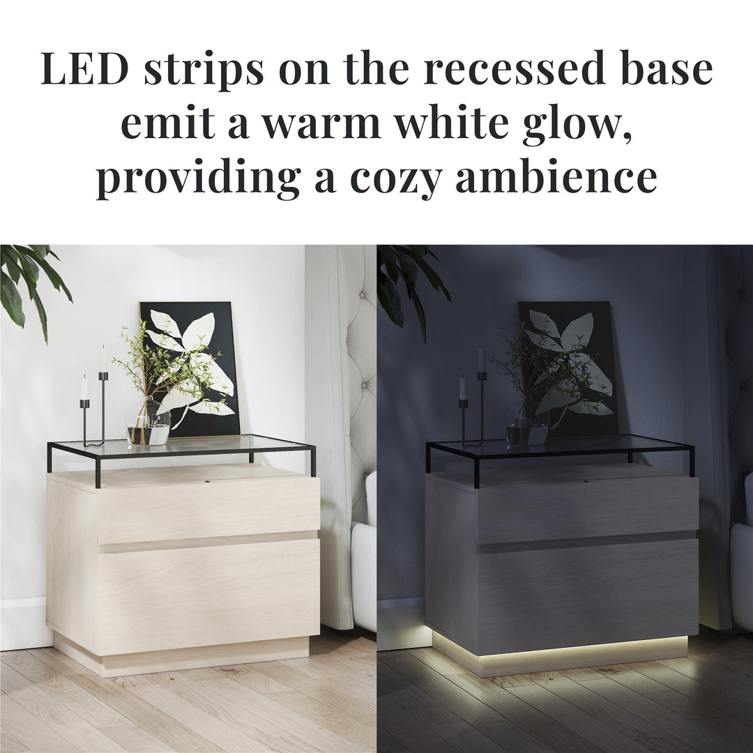 Devon Nightstand with Drawers, LED Lights and Glass Top - Eden Ash