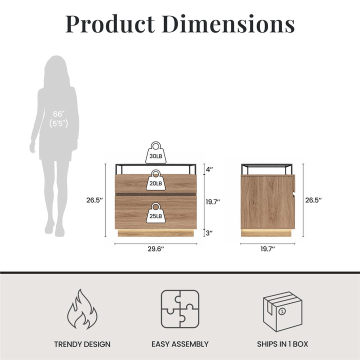 Devon Nightstand with Drawers, LED Lights and Glass Top - Danish Walnut
