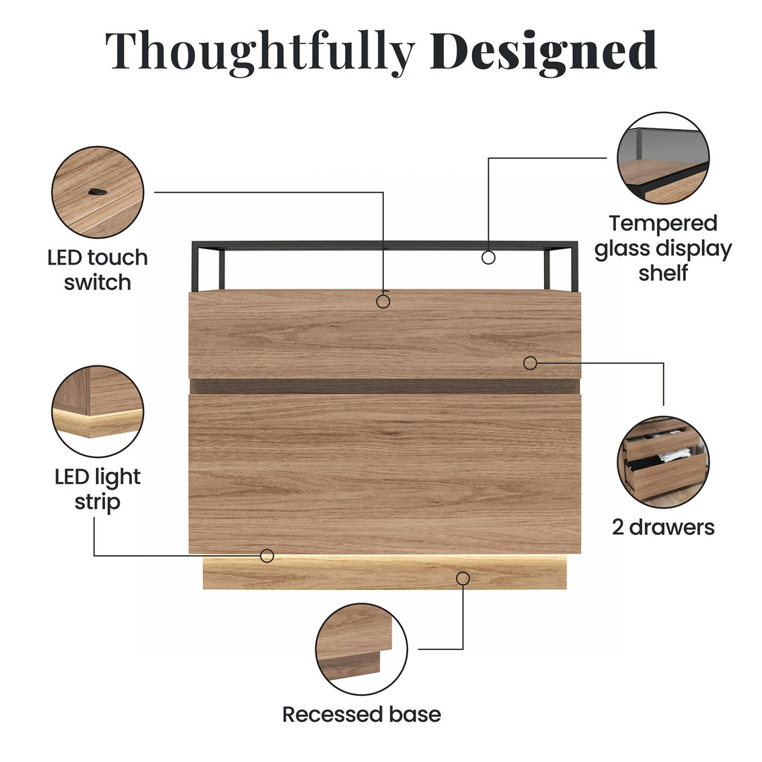 Devon Nightstand with Drawers, LED Lights and Glass Top - Danish Walnut