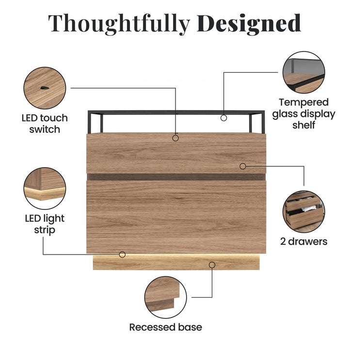 Devon Nightstand with Drawers, LED Lights and Glass Top - Danish Walnut