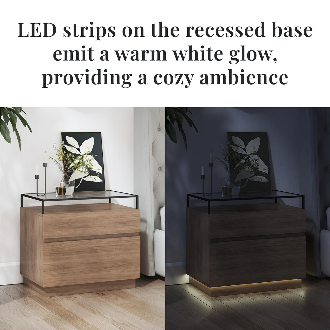 Devon Nightstand with Drawers, LED Lights and Glass Top - Danish Walnut