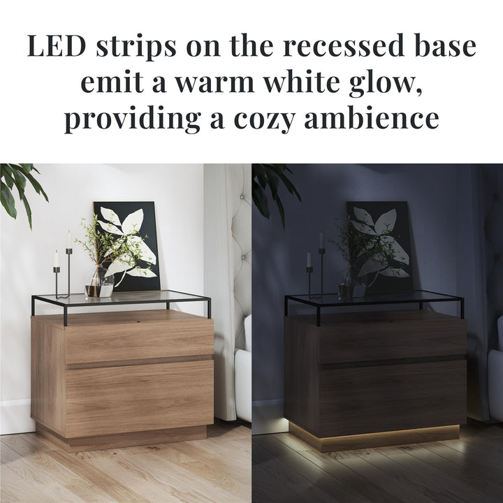 Devon Nightstand with Drawers, LED Lights and Glass Top - Danish Walnut