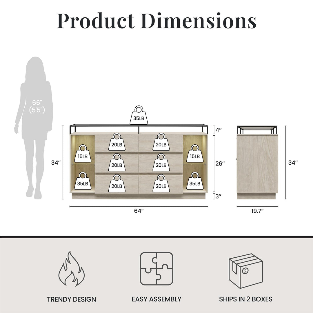 Devon 6-Drawer Dresser with LED Lights and Glass Top - Eden Ash - 6 Drawer
