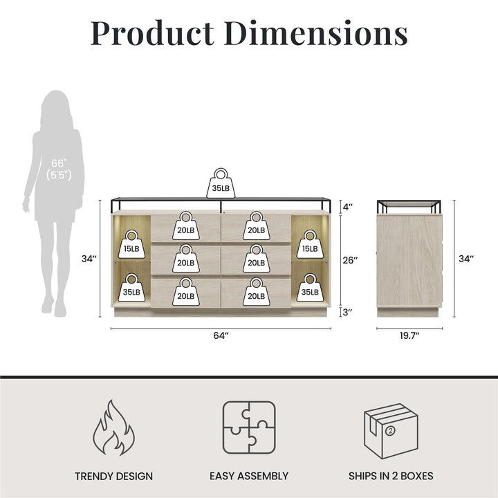 Devon 6-Drawer Dresser with LED Lights and Glass Top - Eden Ash - 6 Drawer