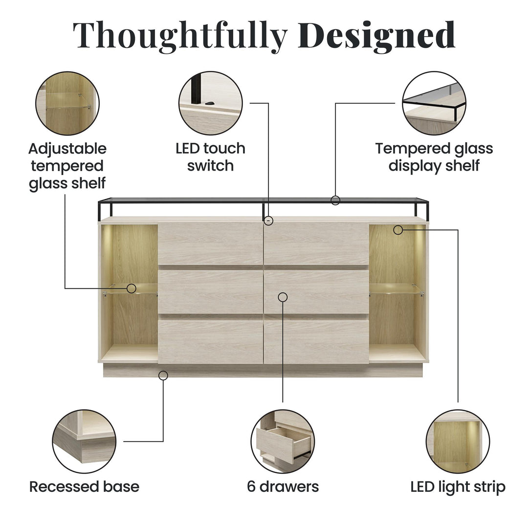 Devon 6-Drawer Dresser with LED Lights and Glass Top - Eden Ash - 6 Drawer