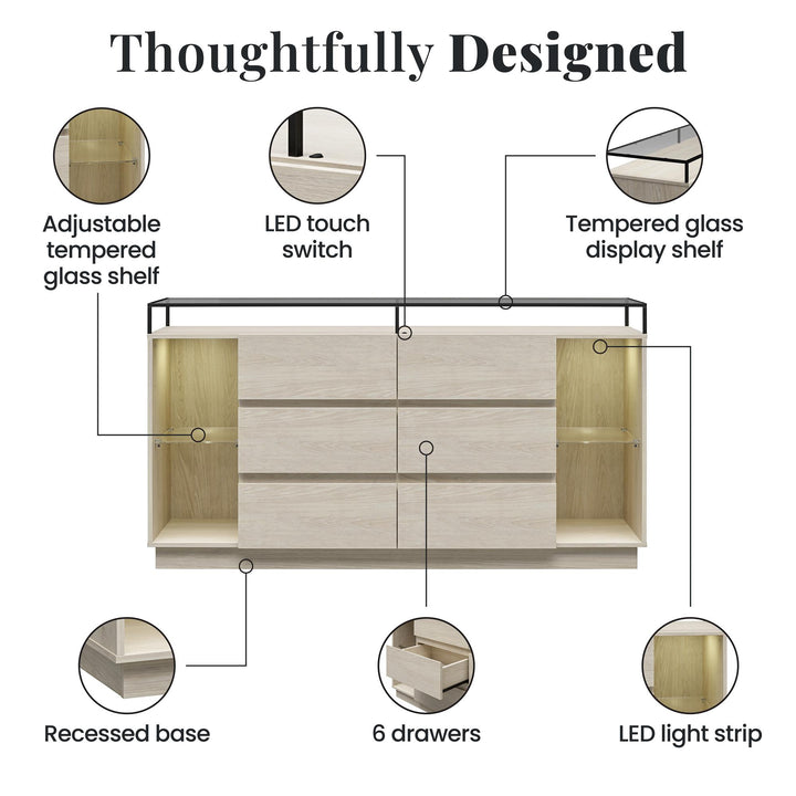 Devon 6-Drawer Dresser with LED Lights and Glass Top - Eden Ash - 6 Drawer