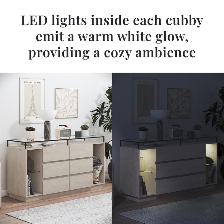 Devon 6-Drawer Dresser with LED Lights and Glass Top - Eden Ash - 6 Drawer