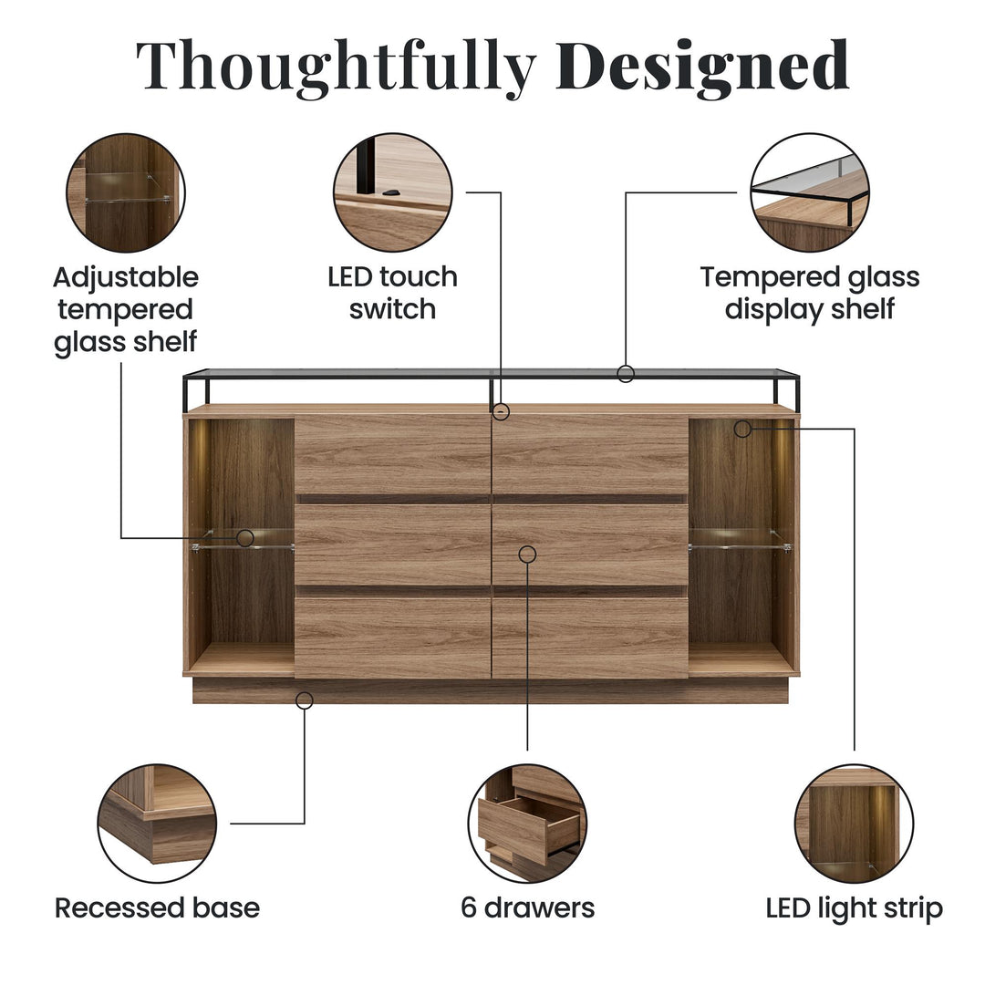 Devon 6-Drawer Dresser with LED Lights and Glass Top - Danish Walnut - 6 Drawer
