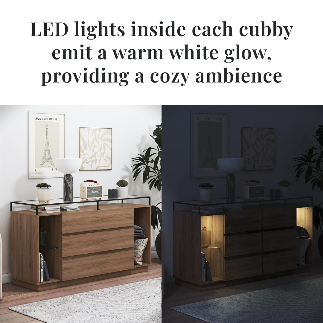 Devon 6-Drawer Dresser with LED Lights and Glass Top - Danish Walnut - 6 Drawer