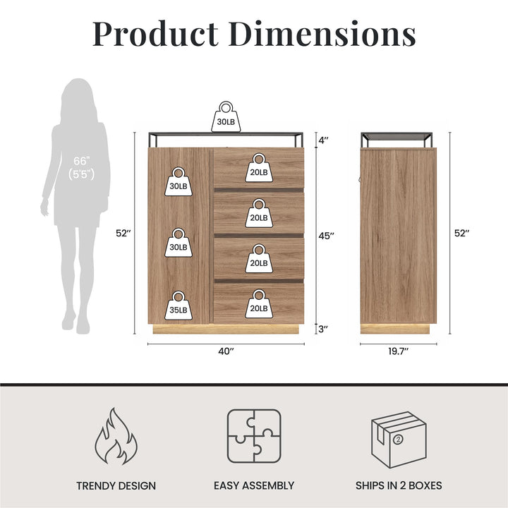 Devon 4-Drawer Dresser with Door, LED Lights and Glass Top - Danish Walnut