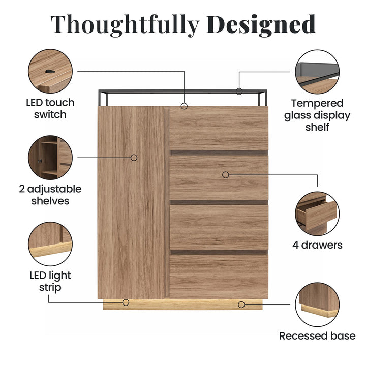 Devon 4-Drawer Dresser with Door, LED Lights and Glass Top - Danish Walnut