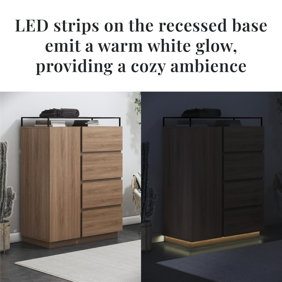 Devon 4-Drawer Dresser with Door, LED Lights and Glass Top - Danish Walnut