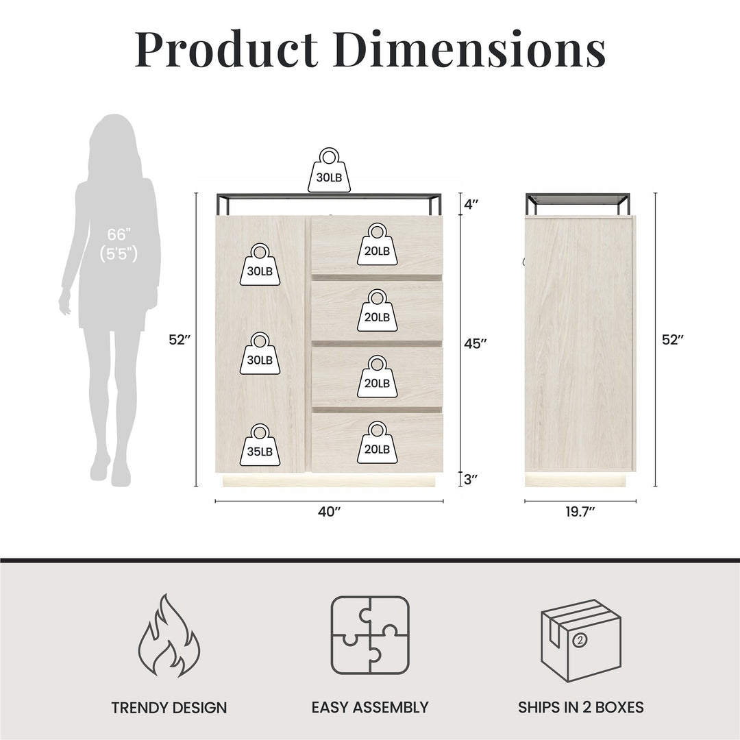 Devon 4-Drawer Dresser with Door, LED Lights and Glass Top - Eden Ash