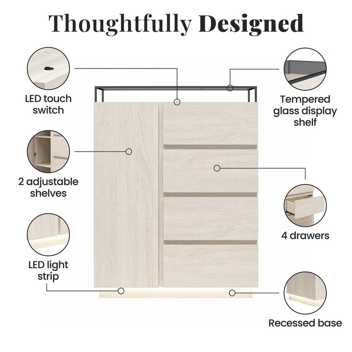 Devon 4-Drawer Dresser with Door, LED Lights and Glass Top - Eden Ash