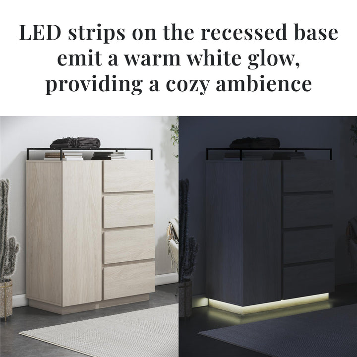 Devon 4-Drawer Dresser with Door, LED Lights and Glass Top - Eden Ash