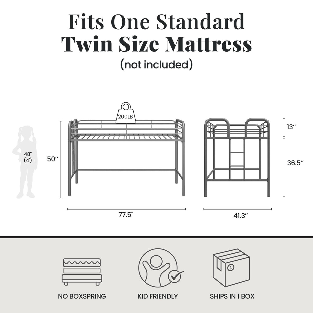 RealRooms Kaylee Junior Metal Loft Bed, Twin, Silver - Silver - Twin