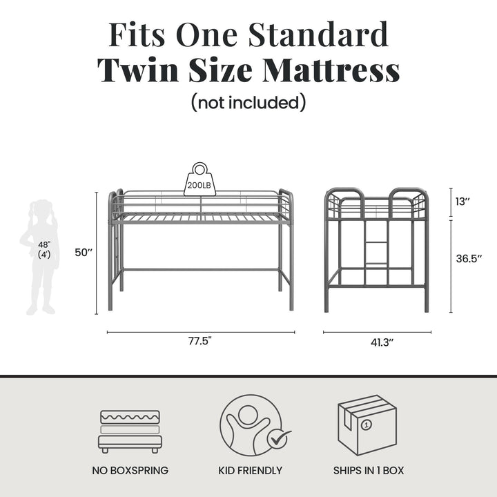 RealRooms Kaylee Junior Metal Loft Bed, Twin, Silver - Silver - Twin