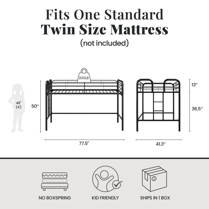 RealRooms Kaylee Junior Metal Loft Bed, Twin, Black - Black - Twin