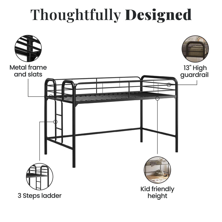 RealRooms Kaylee Junior Metal Loft Bed, Twin, Black - Black - Twin