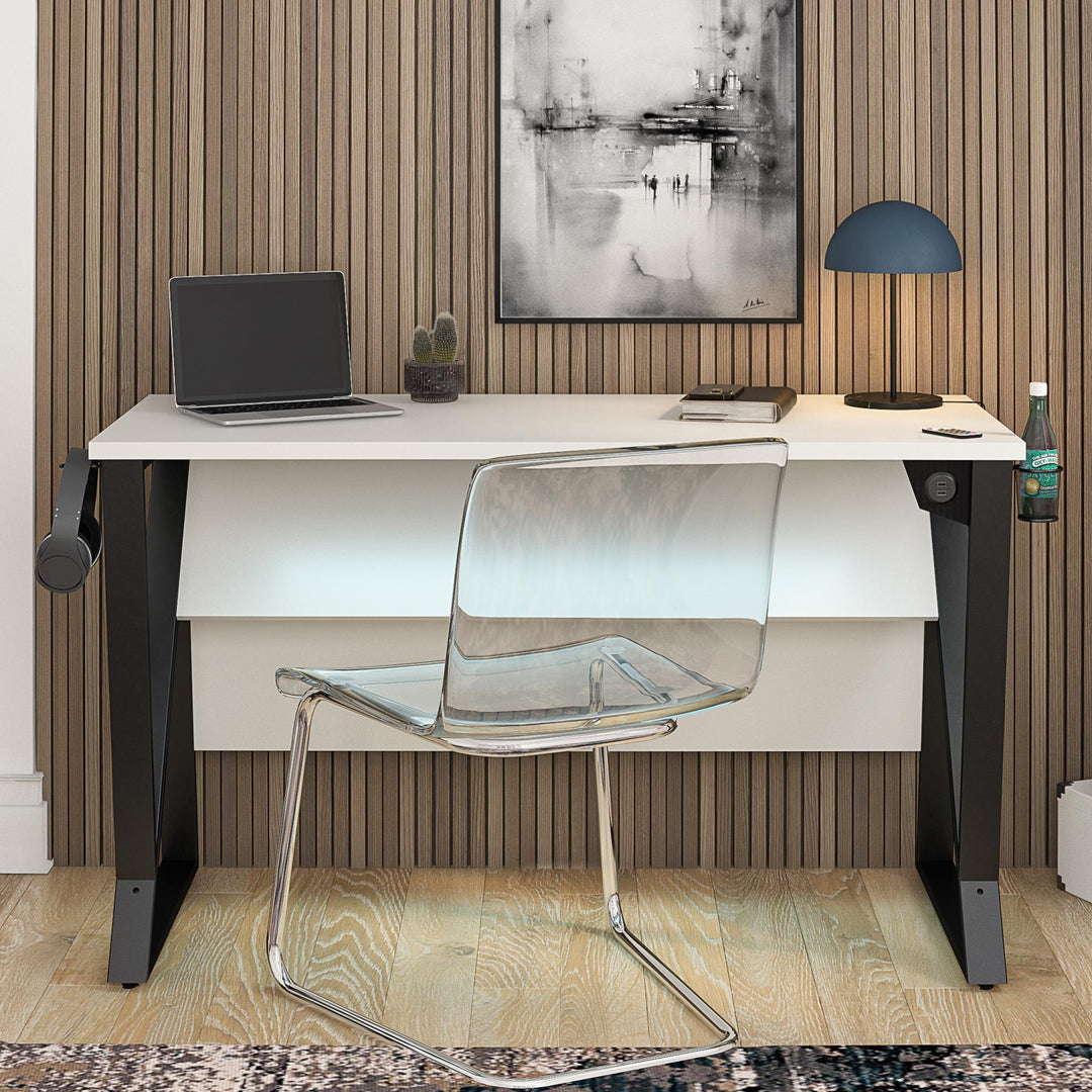 Genesis Height Adjustable Gaming Desk with LED Lights - White